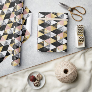 Pink, Black & White Marble Texture Geometric Wrapping Paper