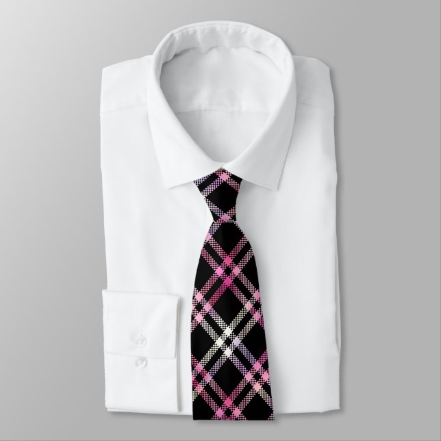 Pink Black White Plaid Pattern Neck Tie (Tied)