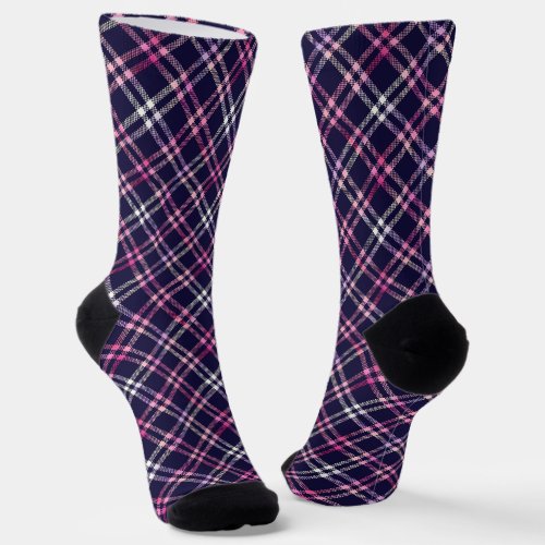 Pink Black White Plaid Pattern on Navy Blue Socks