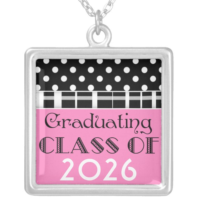 Pink, Black, White Polka Dot Graduation Necklace (Front)