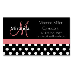 Pink Black White Polka Dot Monogram Business Card Magnet