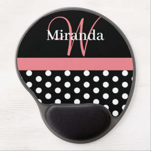 Pink Black White Polka Dot Monogram Gel Mouse Pad
