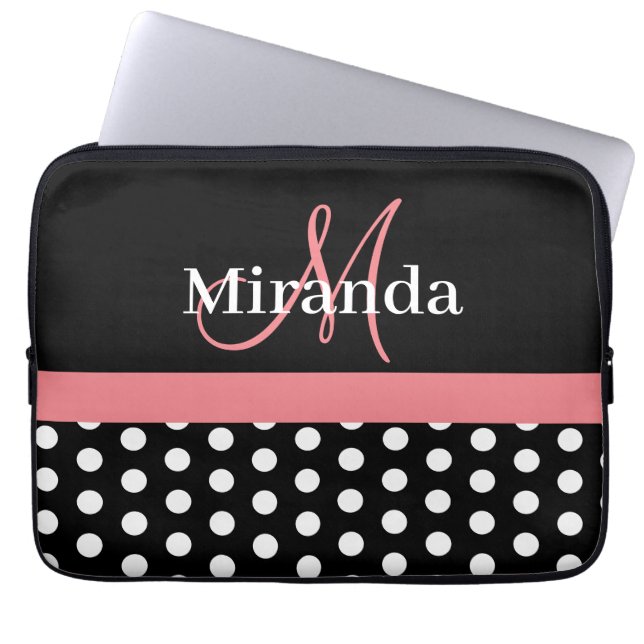 Pink Black White Polka Dot Monogram Laptop Sleeve (Front)