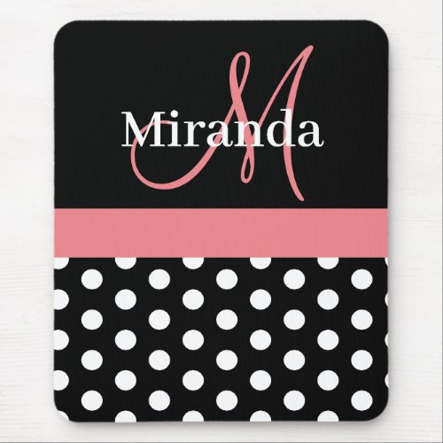 Pink Black White Polka Dot Monogram Mouse Pad