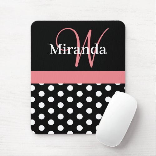 Pink Black White Polka Dot Monogram Mouse Pad