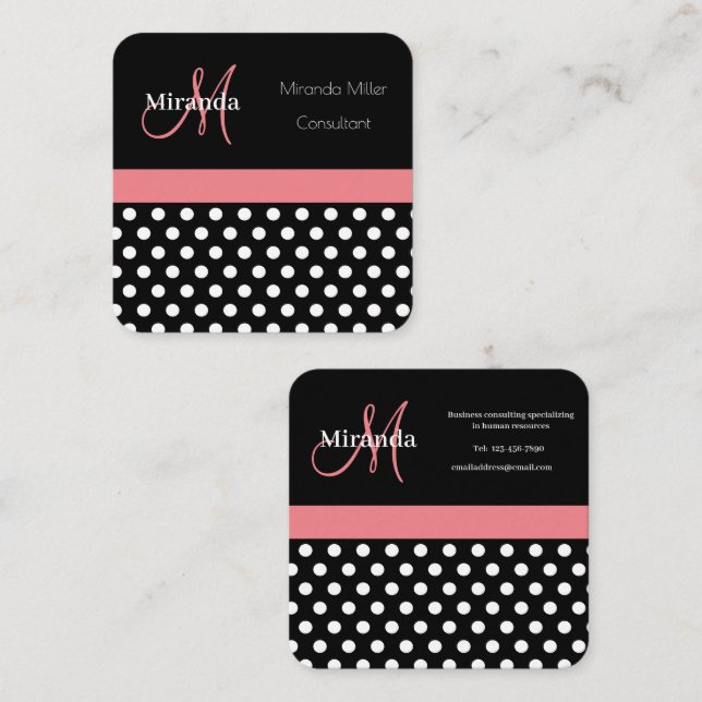 Pink Black White Polka Dot Monogram Square Business Card (Front/Back)