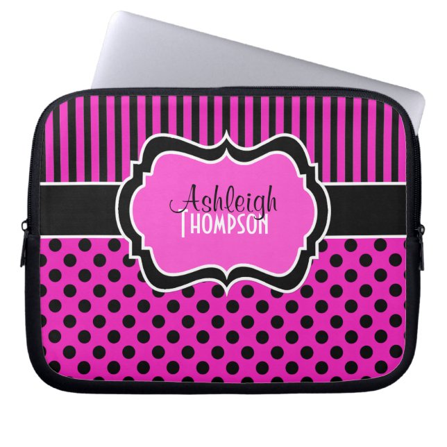 Pink, Black, White, Polka Dot Stripe Laptop Sleeve (Front)