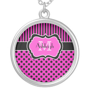 Pink Black White Polka Dot Striped Necklace