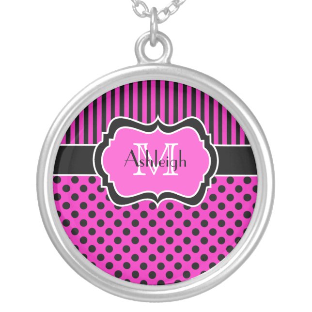 Pink Black White Polka Dot Striped Necklace (Front)