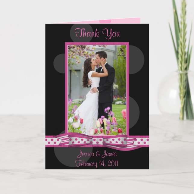 Pink Black White Polka Dot Wedding Photo Thank You (Front)