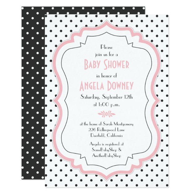 Pink Black White Polka Dots Baby Shower Invitation