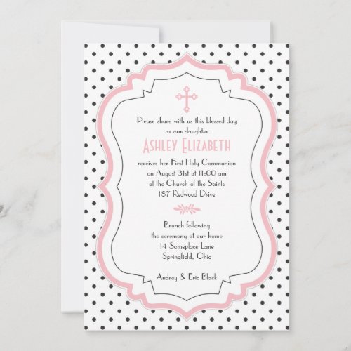 Pink Black White Polka Dots Communion Invitation