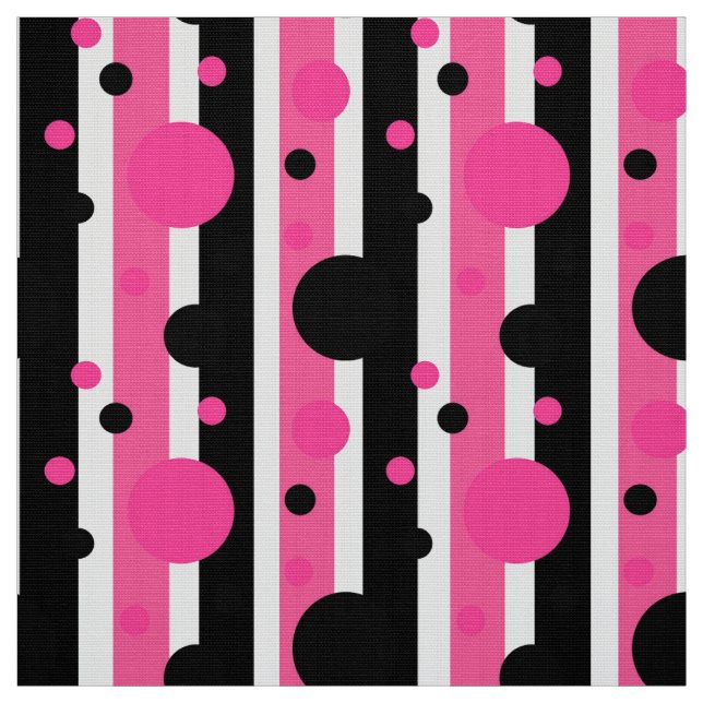 Pink Black White Polka Dots Stripes Fabric (Swatch)