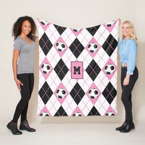 pink black white soccer argyle pattern fleece blanket