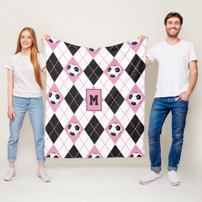 pink black white soccer argyle pattern fleece blanket (In Situ)