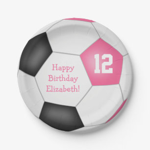 pink black white soccer themed birthday party paper plates