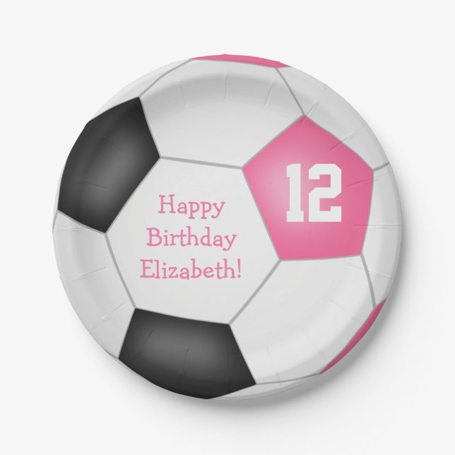 pink black white soccer themed birthday party paper plates (Front)