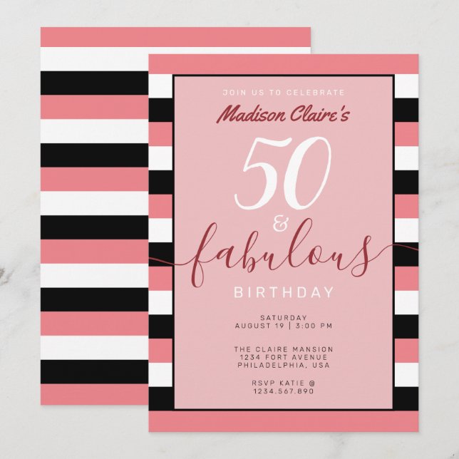 Pink Black White Stripe 50 & Fabulous Birthday Invitation (Front/Back)