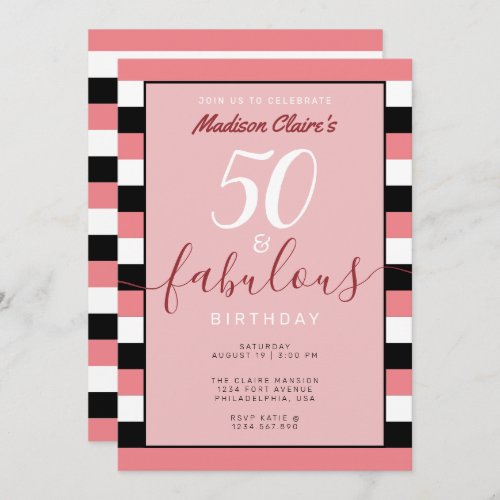 Pink Black White Stripe 50  Fabulous Birthday Invitation