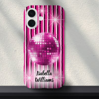 Pink Black White Stripe Disco Ball Sparkle Name