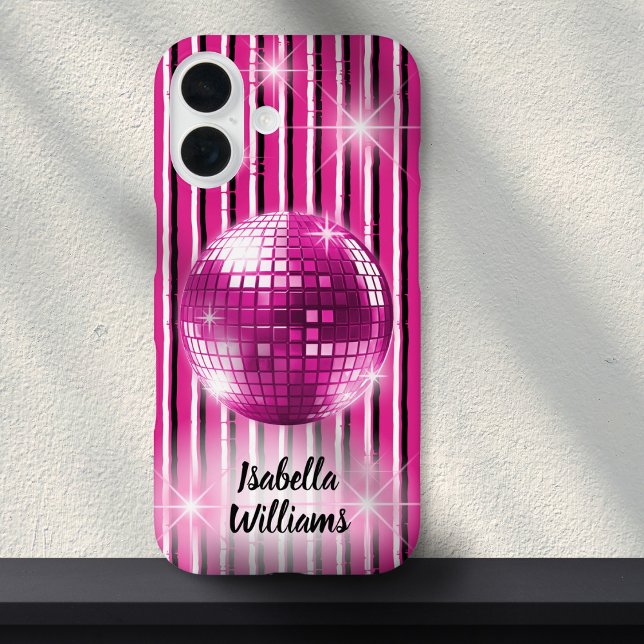 Pink Black White Stripe Disco Ball Sparkle Name Case-Mate iPhone Case (Creator Uploaded)