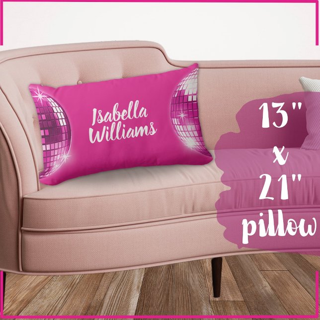 Pink Black White Stripe Disco Ball Sparkle Name Lumbar Pillow (Creator Uploaded)