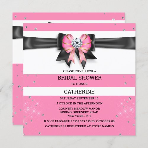 Pink black white stripe glitter bow sparkle invitation