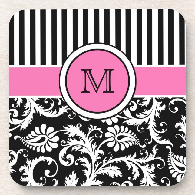 Pink, Black, White Striped Damask Coaster Set (6) (Front)