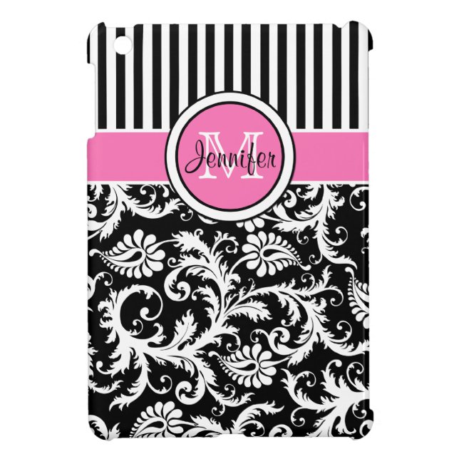 Pink, Black, White Striped Damask iPad Mini Case (Back)