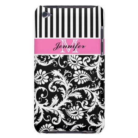Pink, Black, White Striped Damask Ipod Touch Case