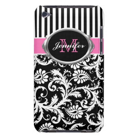 Pink, Black, White Striped Damask Ipod Touch Case