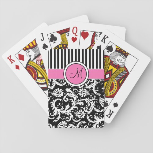 Pink Black White Striped Damask Playing Cards