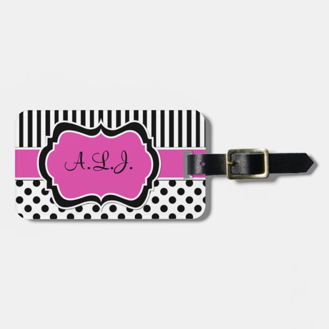 Pink, Black, White Striped Polka Dots Luggage Tag (Front Horizontal)