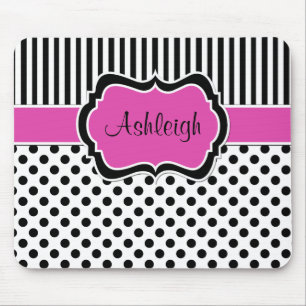 Pink Black White Striped Polka Dots Mousepad