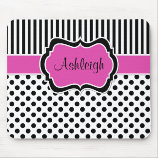 Pink Black White Striped Polka Dots Mousepad