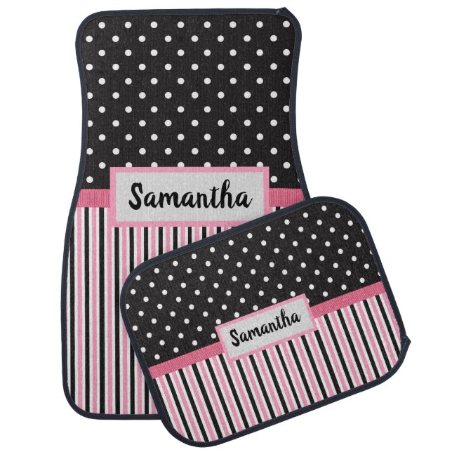 Pink Black White Stripes And Black White PolkaDots Car Floor Mat (Set)