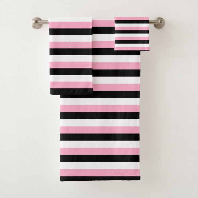 Pink, Black, White Stripes Bath Towel Set (Insitu)