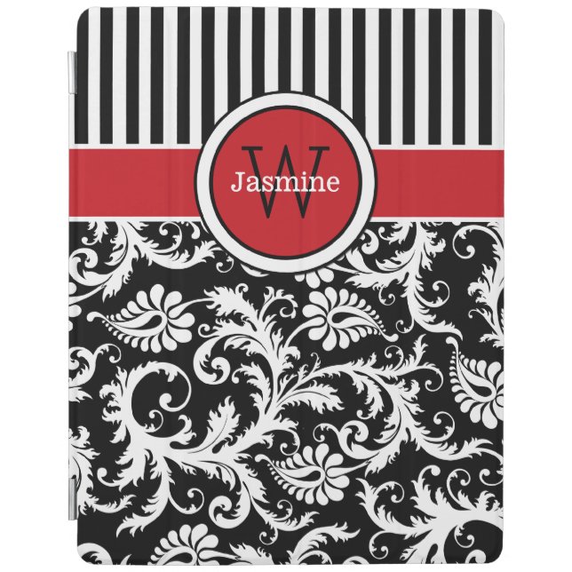 Pink Black White Stripes, Damask iPad 2/3/4 Cover (Front)