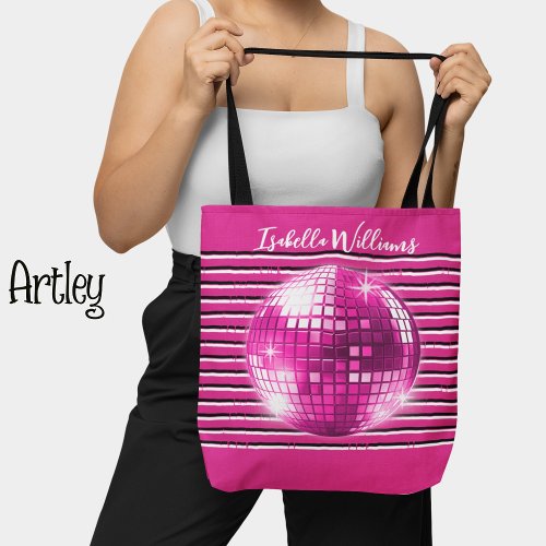 Pink black white stripes disco ball girly name  tote bag