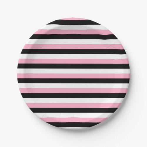 Pink Black White Stripes Paper Plates