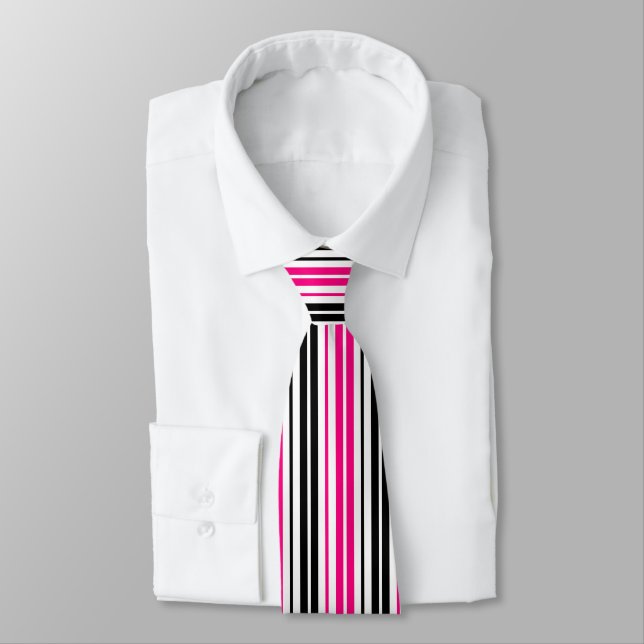 Pink Black White Stripes Pattern Design  Neck Tie (Tied)