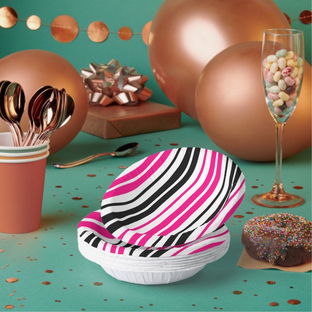 Pink Black White Stripes Pattern Design  Paper Bowls (Multi)