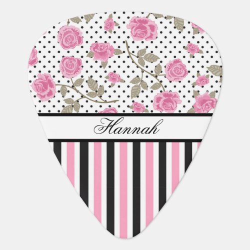 Pink Black White Stripes Roses and Polka Dots  Guitar Pick