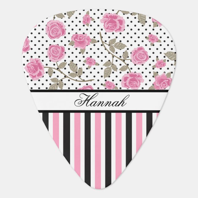 Pink Black White Stripes, Roses and Polka Dots  Guitar Pick (Front)