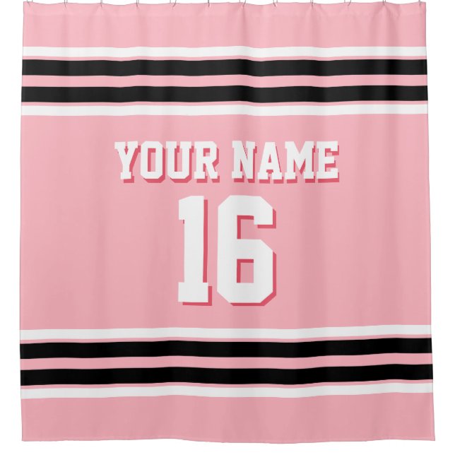 Pink Black White Stripes Sports Jersey Shower Curtain (Front)