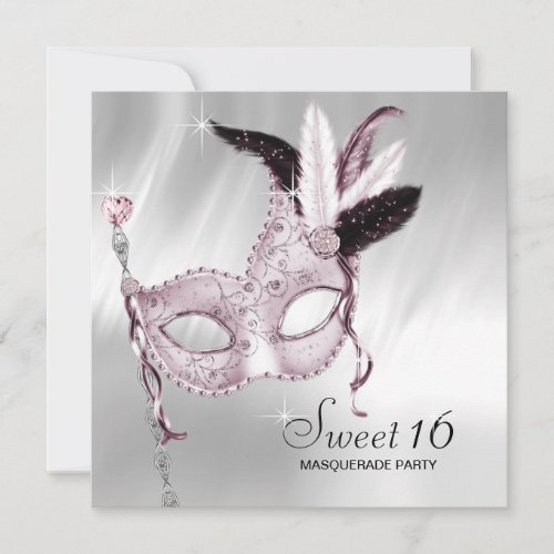 Pink Black White Sweet 16 Masquerade Party Announcements