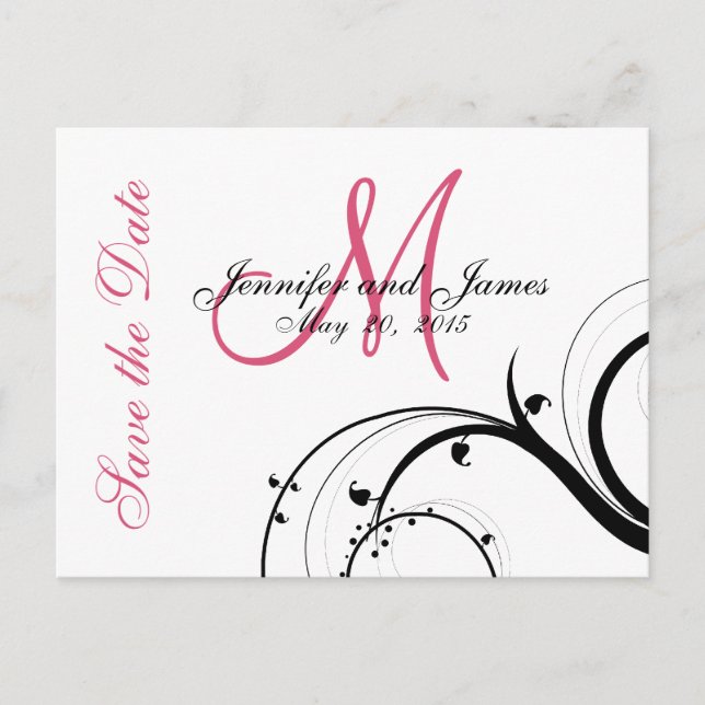 Pink, Black, White Swirls Save the Date Postcard (Front)