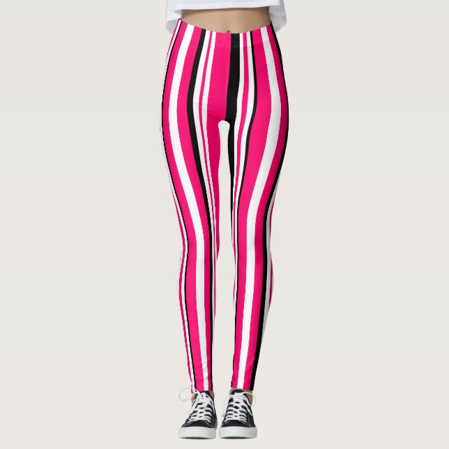 Pink Black White Vertical Stripes Leggings (Front)