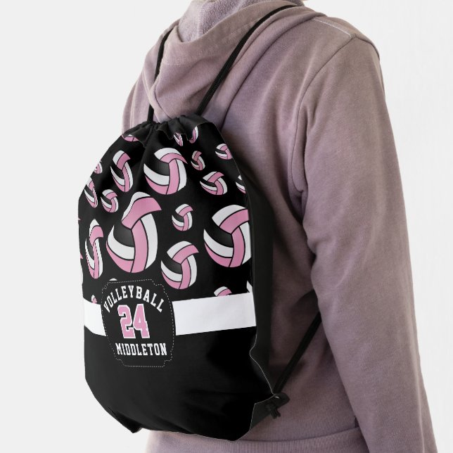 Pink, Black & White Volleyball Drawstring Bag (Insitu)