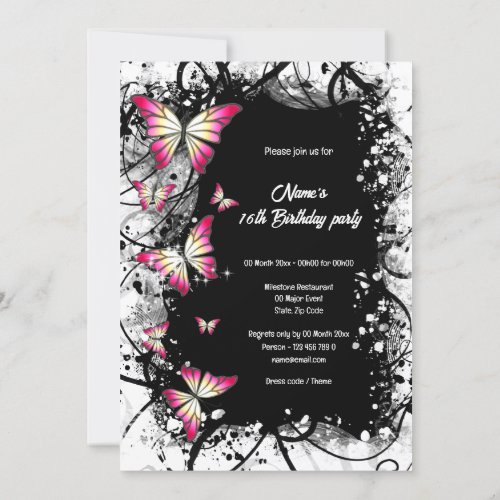 pink black white watercolor butterfly party invitation